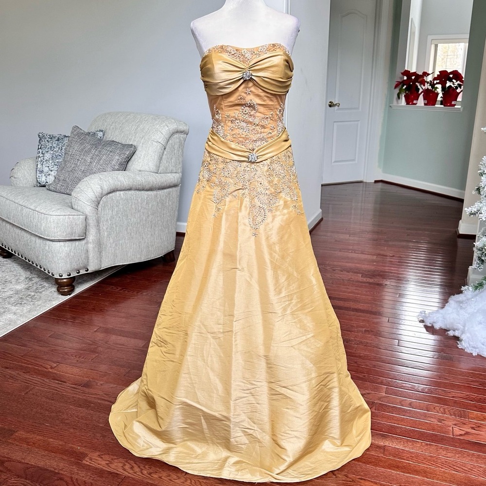 Alyce Designs Gold Strapless Princess Luxury Beaded Gown Dress Size 3/4